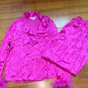 Hot Pink Satin Pajama Set with Feather Cuffs (SMALL) BRAND-In Bloom by Jonquil